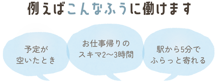 例えばこんなふうに働けます:予定が空いたとき/お仕事帰りのスキマ2〜3時間/駅から5分でふらっと寄れる